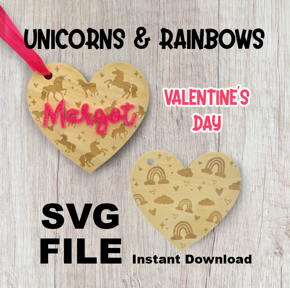 Unicorns and Rainbows Valentine's Day Heart Tag SVG Cut Files - Instant Download