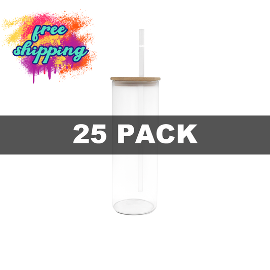 25oz Clear Sublimation Glass Tumbler with Bamboo Lid and Straw - 25 PACK