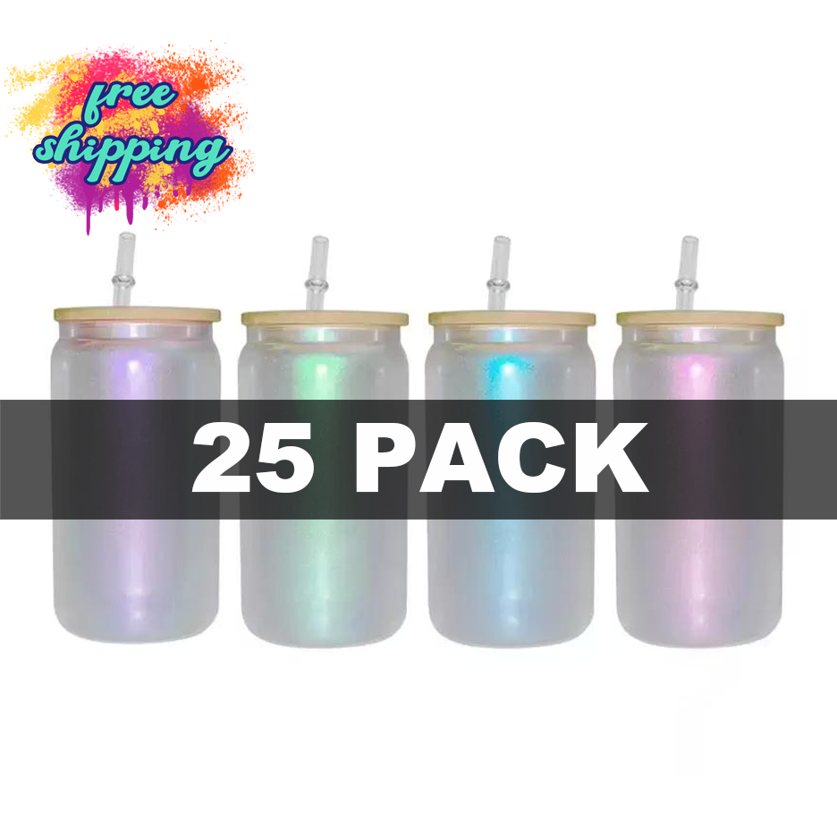 25 PACK - 16oz Iridescent Sublimation Glass Tumblers with Bamboo Lid and Straw