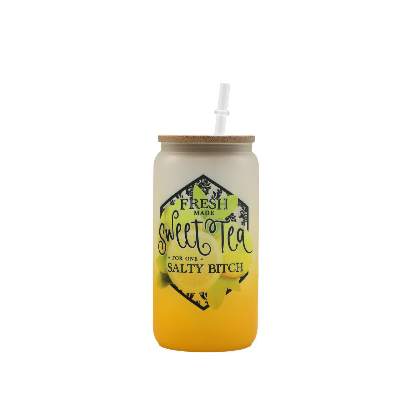 16oz Sweet Tea for One Salty B Ombre Glass Can with Bamboo Lid and Straw