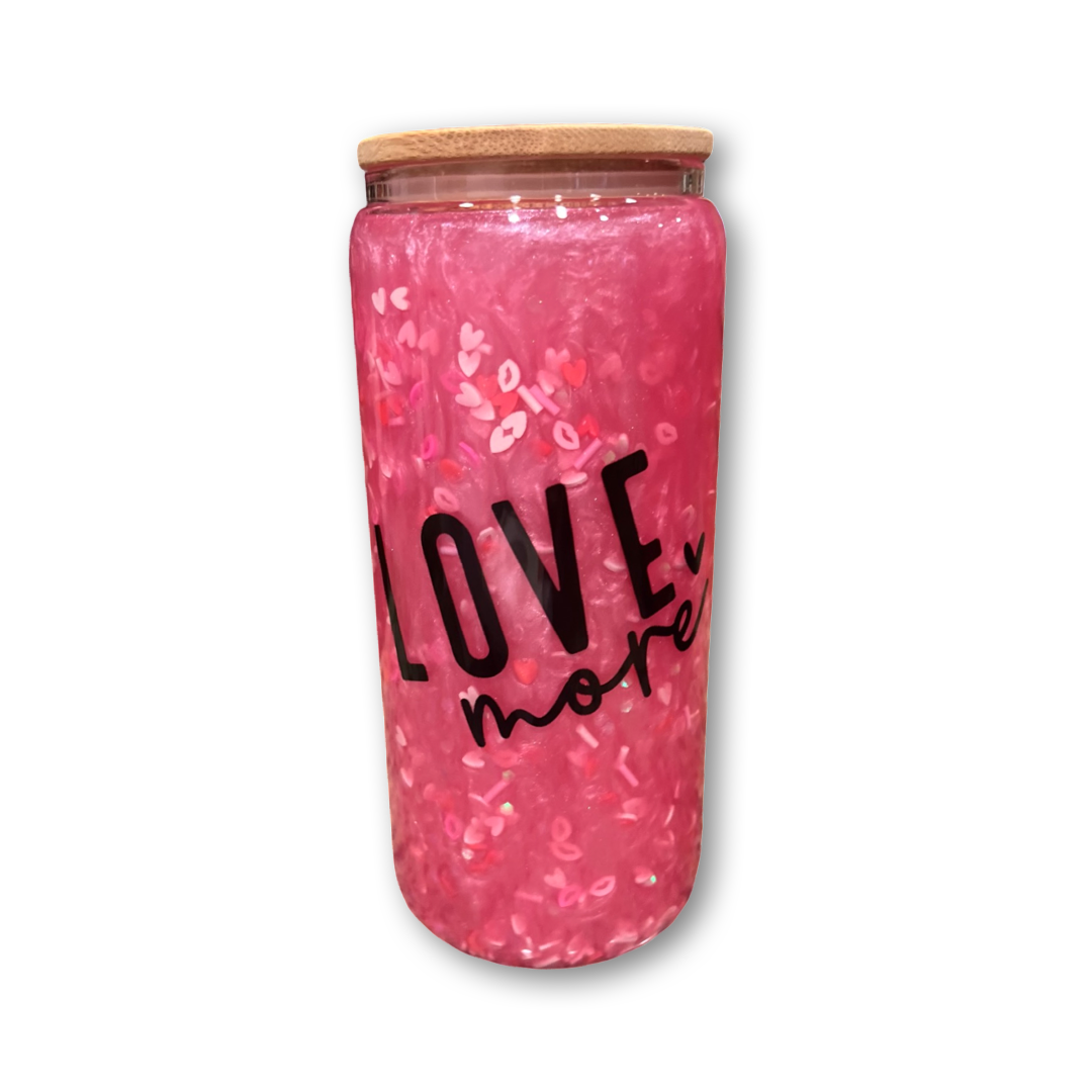 Love More - Pink Snowglobe Tumbler with Handle