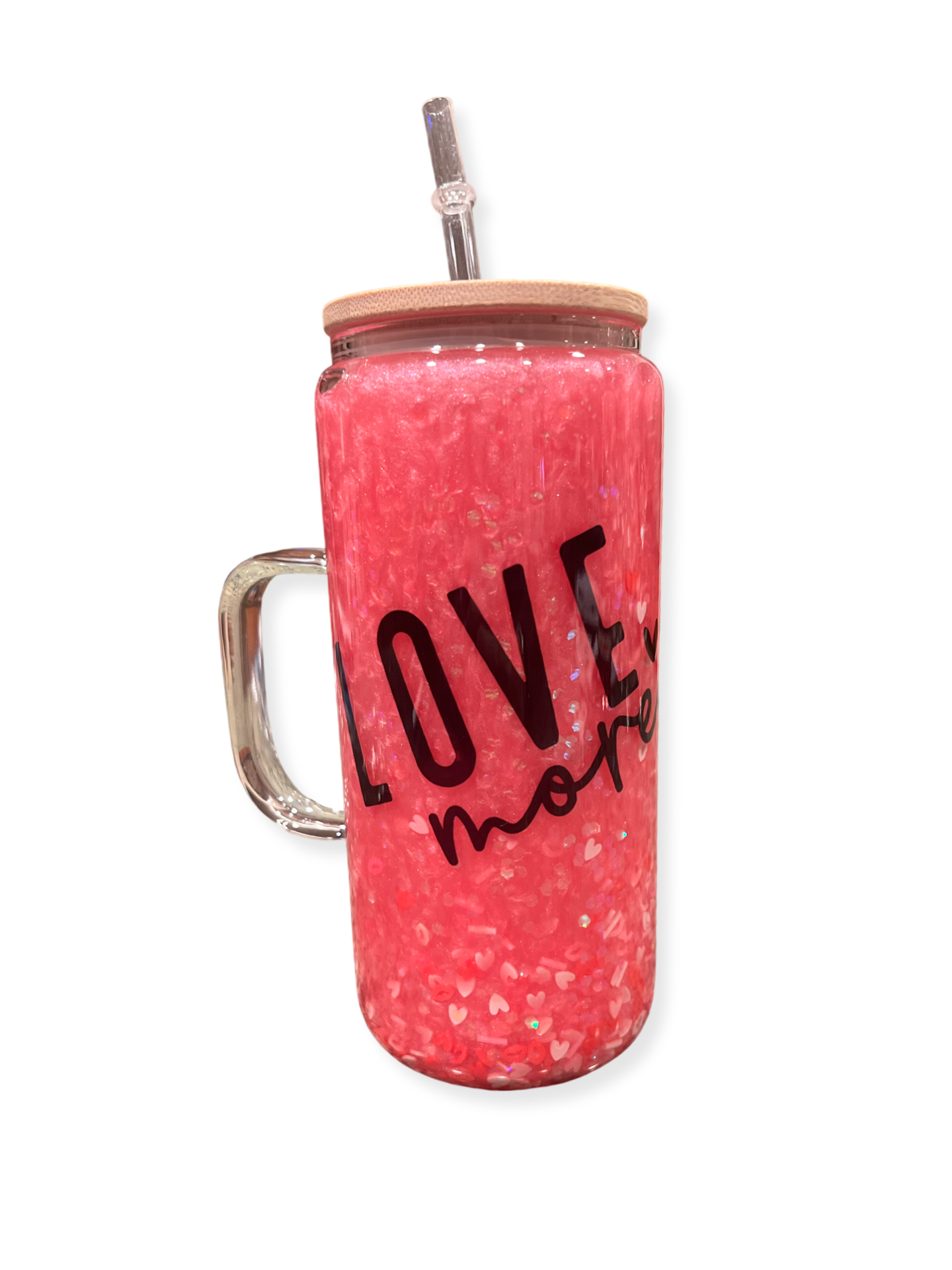 Love More - Pink Snowglobe Tumbler with Handle