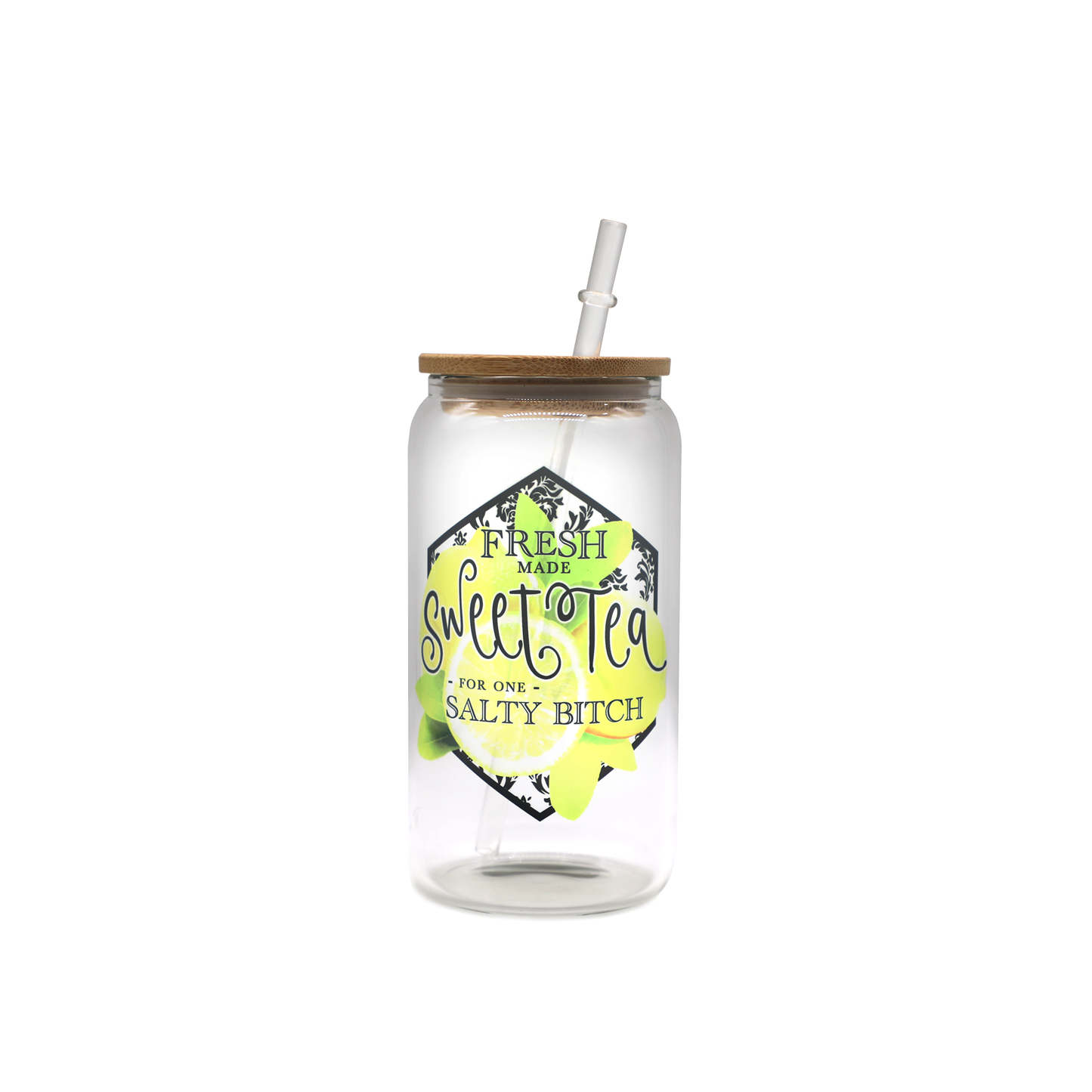 16oz Sweet Tea for One Salty B Clear Glass Can with Bamboo Lid and Straw