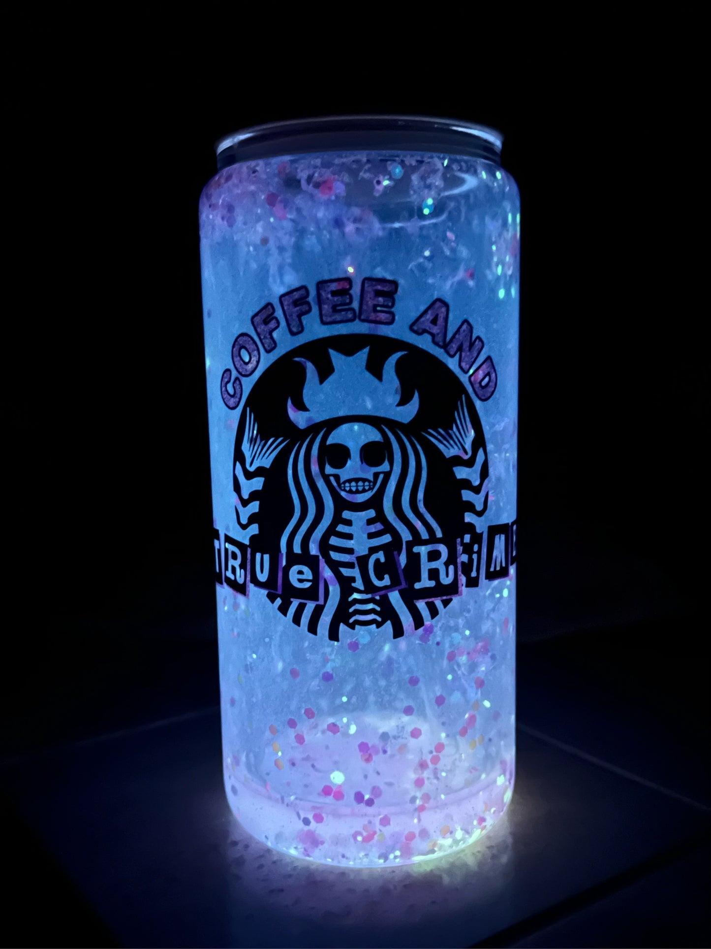 Coffee and True Crime- Glow in the Dark Snowglobe Tumbler