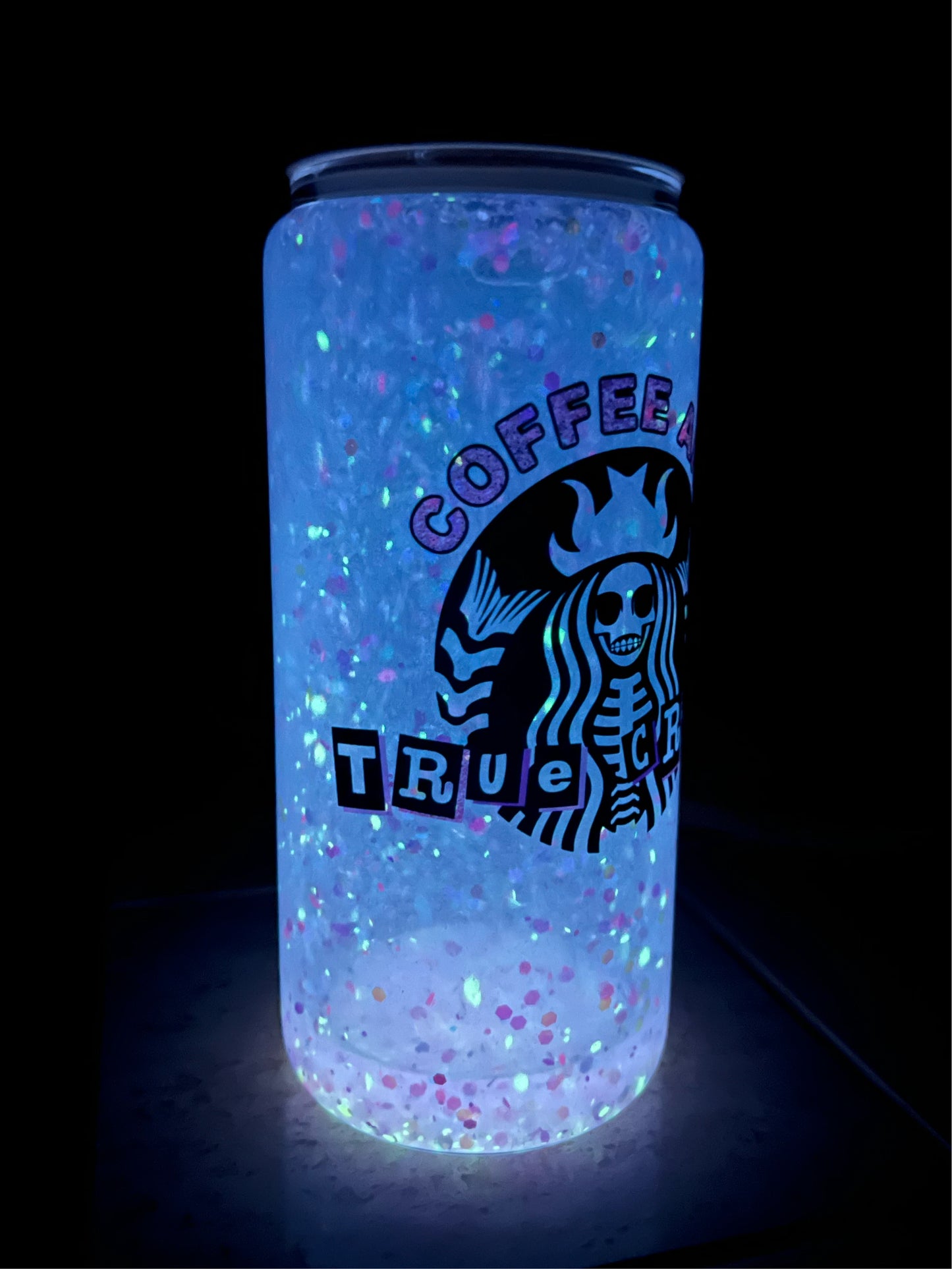 Coffee and True Crime- Glow in the Dark Snowglobe Tumbler