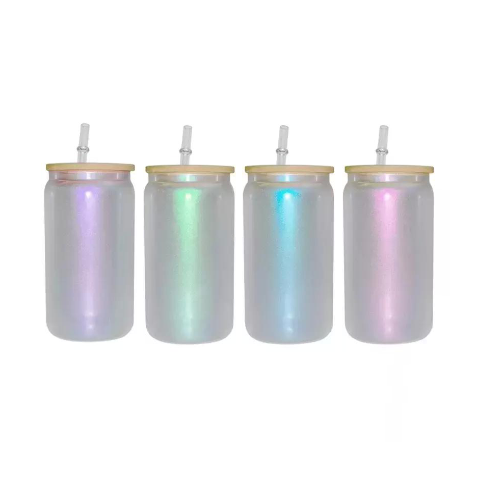 25 PACK - 16oz Iridescent Sublimation Glass Tumblers with Bamboo Lid and Straw